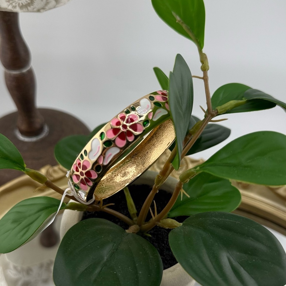 Hand Painted Floral Enamel Bangle with Gold Accents